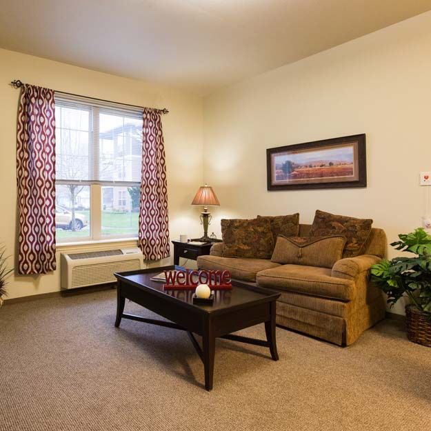 A cozy living room featuring a brown sofa, a coffee table with decor, and a window with patterned curtains.
