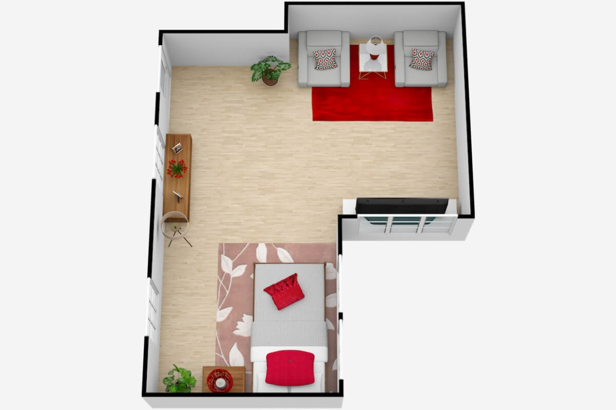 3D floor plan of an apartment featuring a living room with a red rug and a connected bedroom.