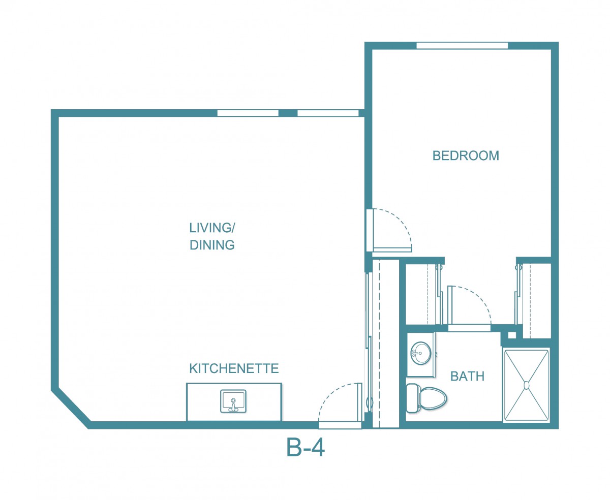 A floor plan of a one-bedroom apartment with a kitchenette and living space.