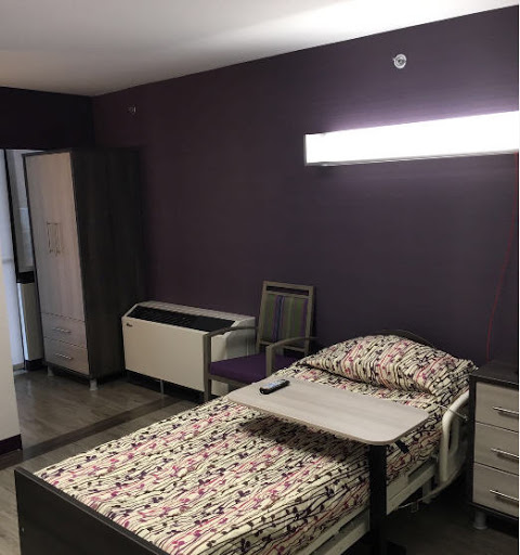 A modern bedroom featuring a single bed, minimalist furniture, and a purple accent wall.