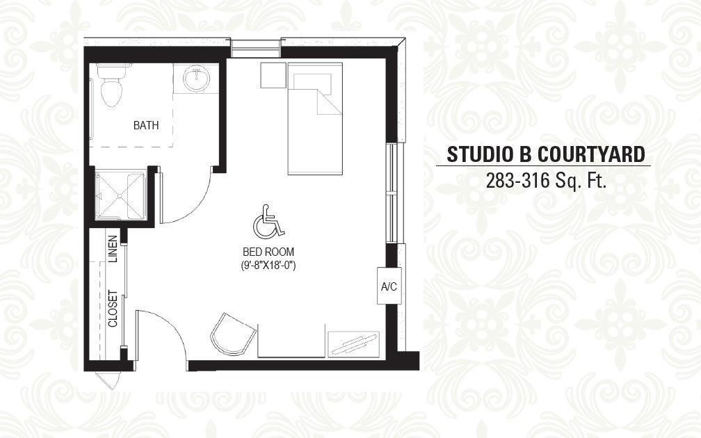 Studio B floor plan with a square footage of 283-316 sq ft.