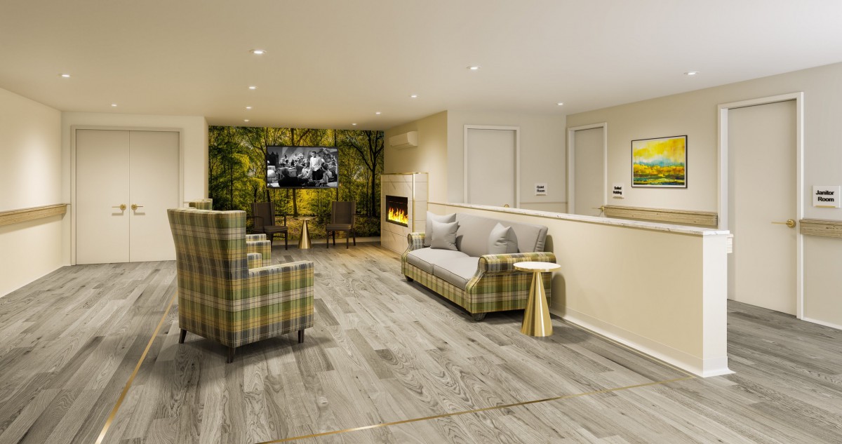 A cozy living room with modern furnishings and a fireplace.