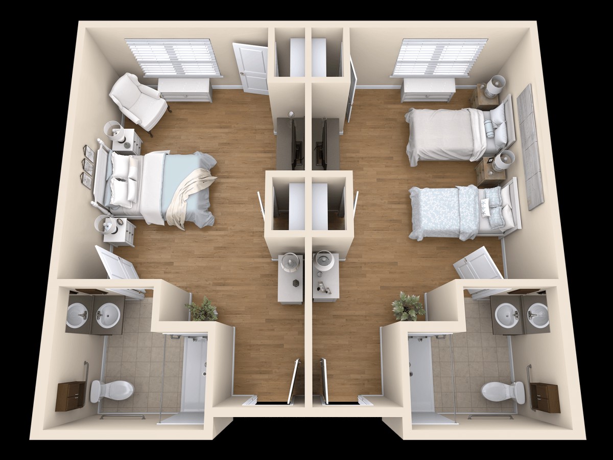 A 3D floor plan of a two-bedroom apartment with shared bathrooms.
