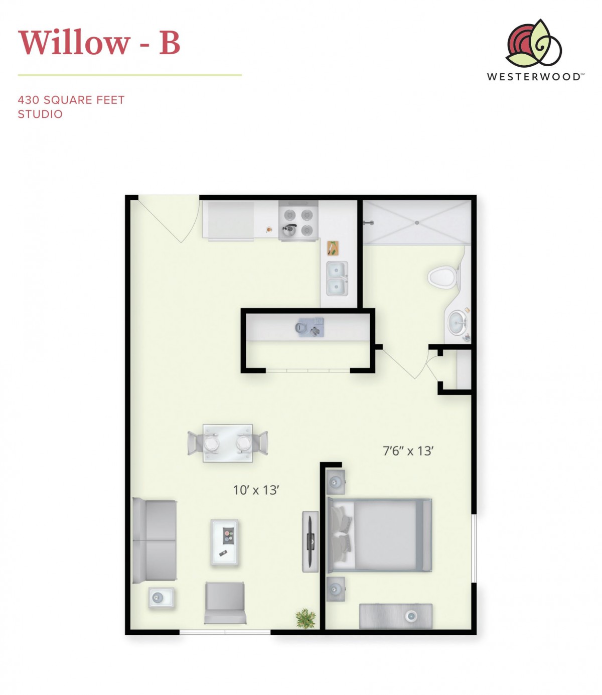 A floor plan of a one-bedroom apartment highlighting the kitchen, living room, and bathroom.