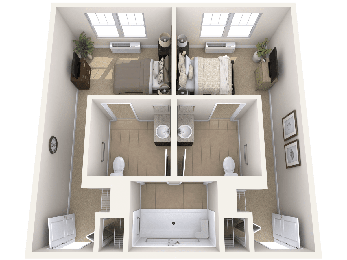 A 3D floor plan of a small apartment with two bedrooms and shared bathroom area.