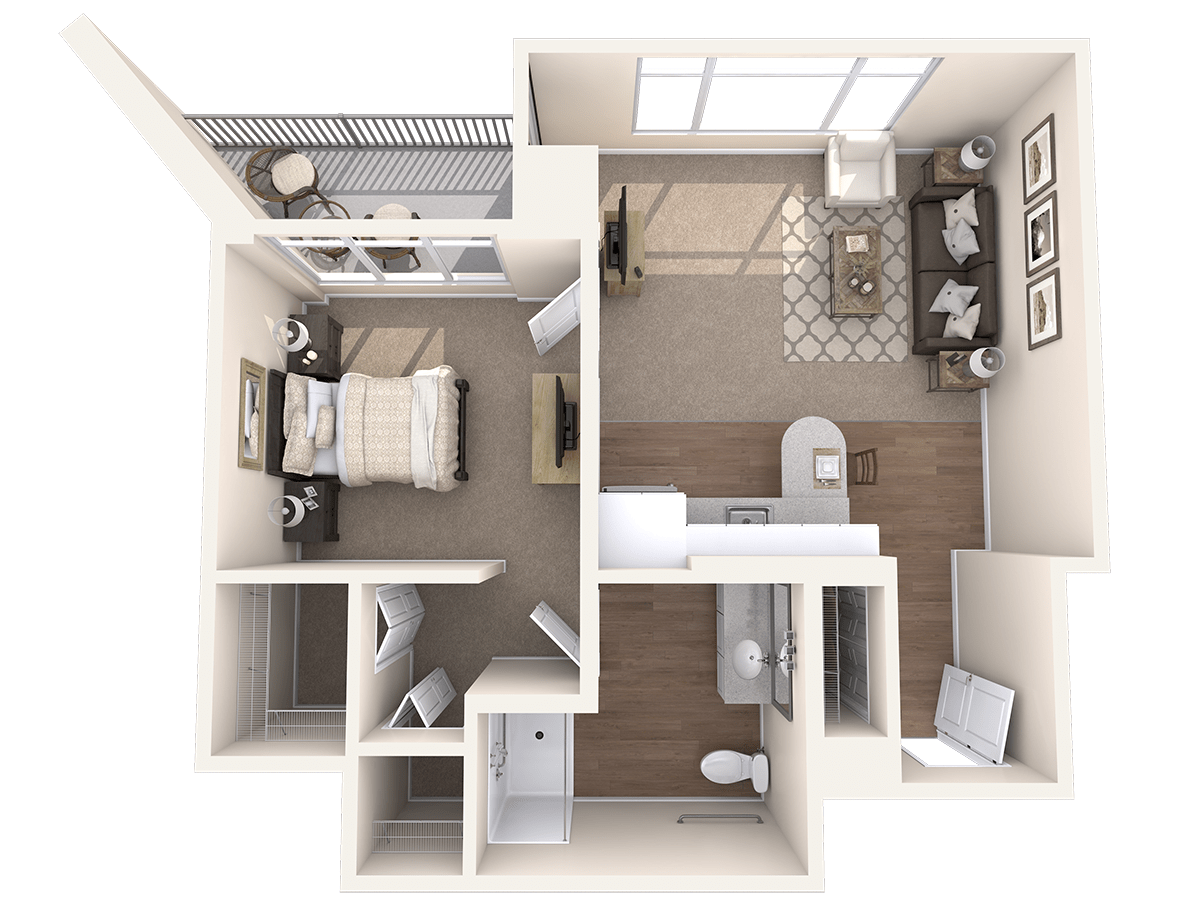 A detailed floor plan of a one-bedroom apartment featuring a living area, kitchen, bathroom, and small balcony.
