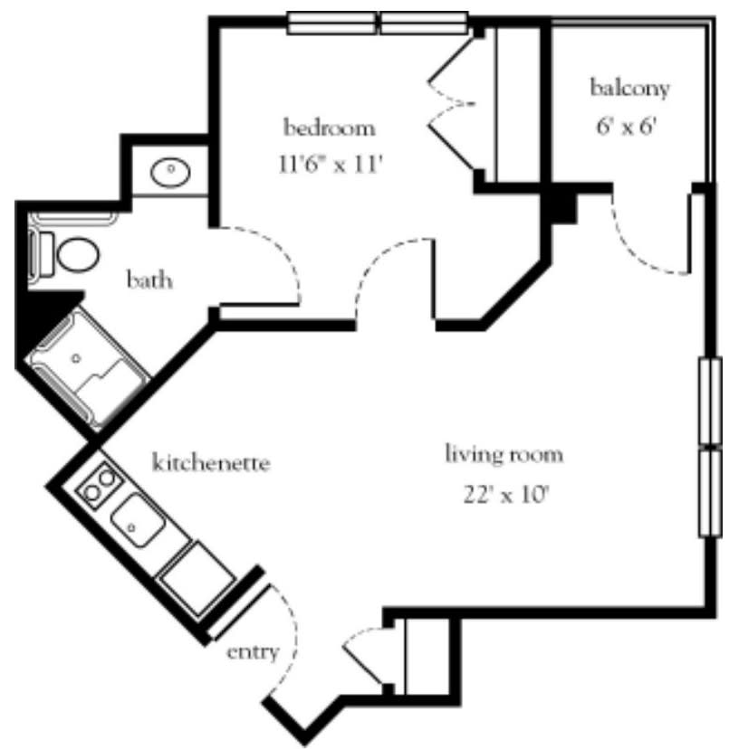 A one-bedroom apartment floor plan with a living room, kitchenette, bath, and balcony.