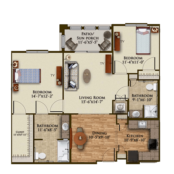 A floor plan of a two-bedroom apartment featuring a living room, kitchen, dining area, and bathroom.