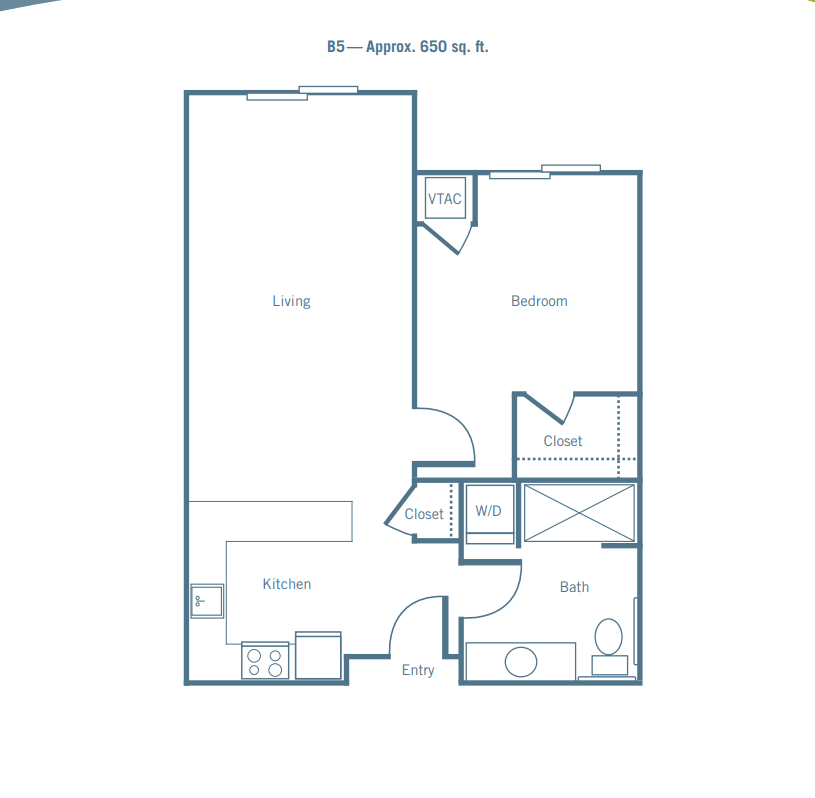 A floor plan of a one-bedroom apartment layout showing various rooms and spaces.