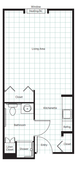 Floor plan of a studio apartment with living area, kitchenette, closet, and bathroom.
