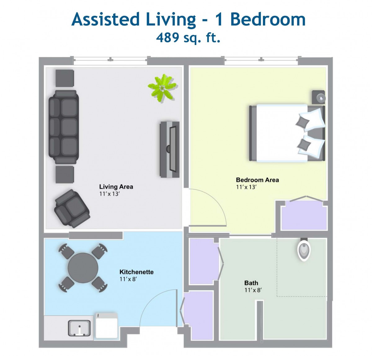 A floor plan of an assisted living unit featuring one bedroom, a living room, kitchenette, and bathroom.