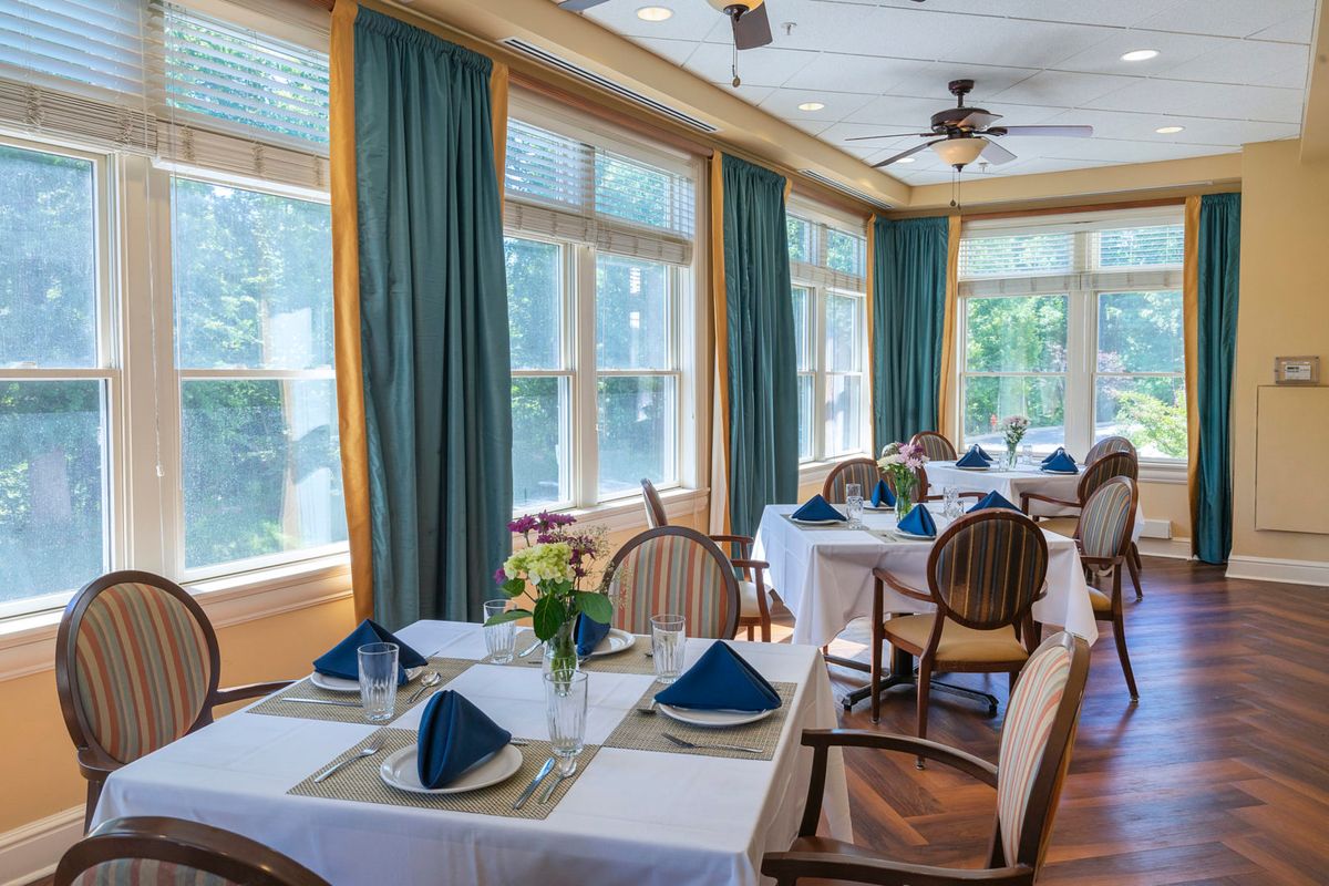 A well-lit dining area featuring elegantly set tables with blue napkins and comfortable seating, surrounded by large windows with green curtains.