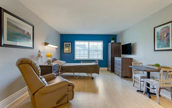 A well-furnished bedroom featuring a bed, armchair, television, and large window with natural light.