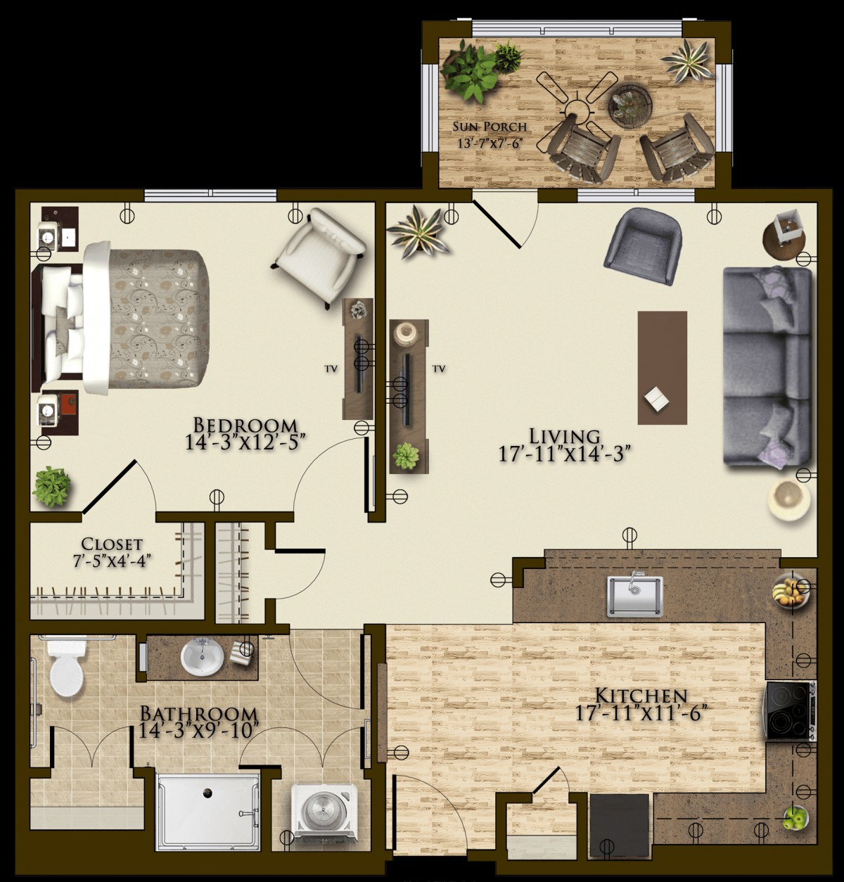 A detailed floor plan of a one-bedroom apartment featuring a living room, kitchen, bathroom, and a balcony.