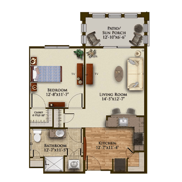 One-bedroom apartment floor plan with a living room, kitchen, bathroom, and balcony.