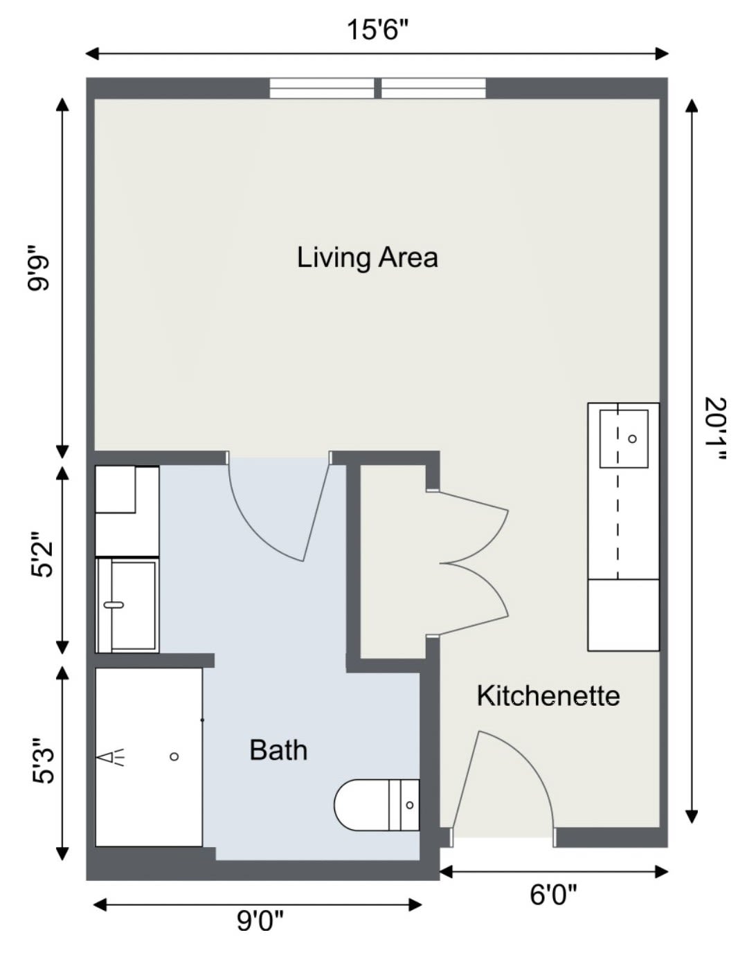 Floor plan of a studio apartment with a living area, kitchenette, and bathroom.