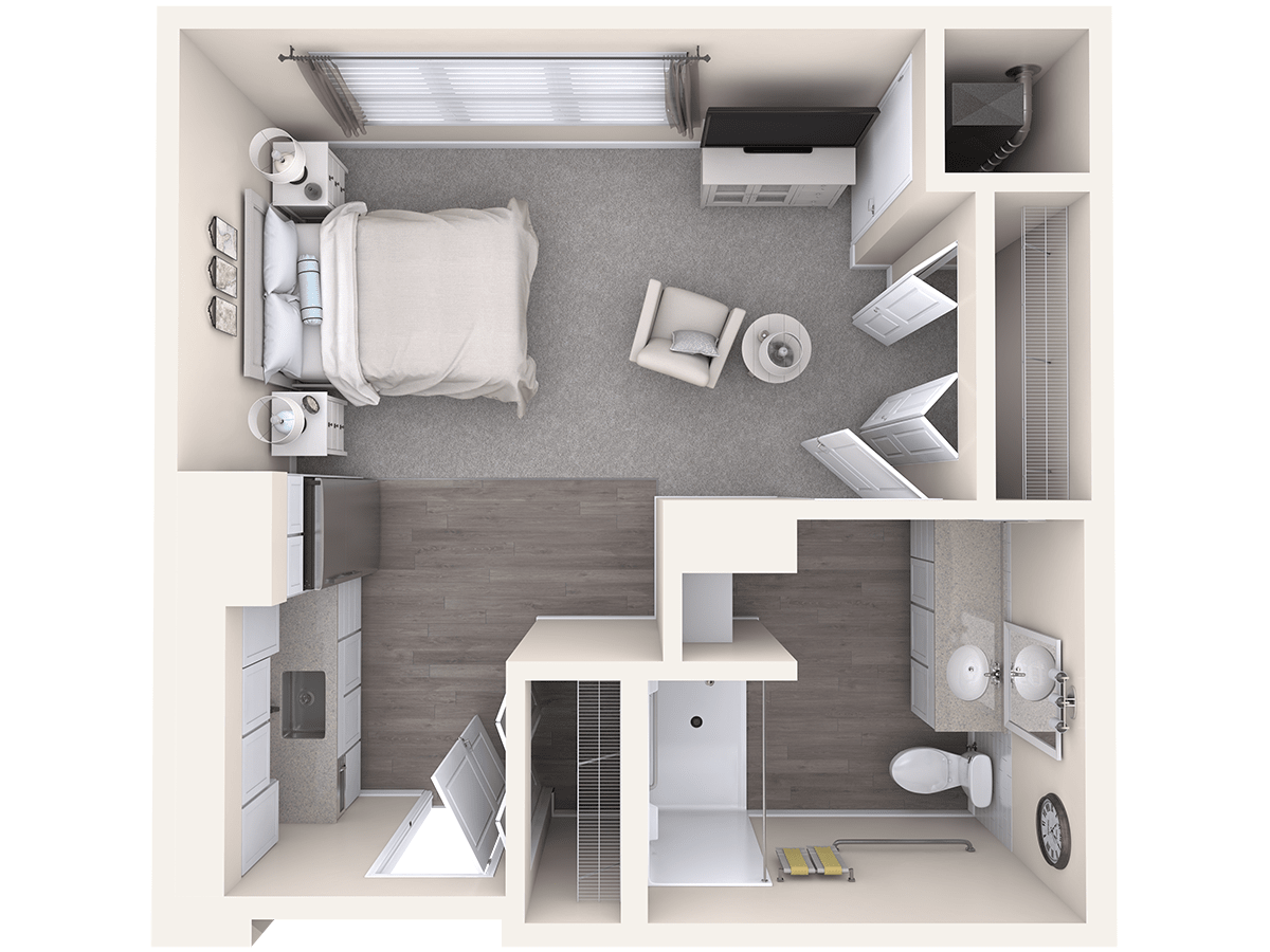 A top-view floor plan of a modern studio apartment, showcasing a compact living space with bedroom, kitchenette, and bathroom areas.