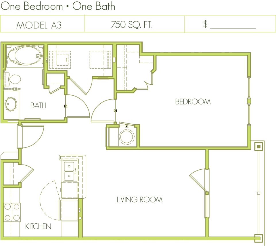 Floor plan of a one-bedroom, one-bathroom apartment.