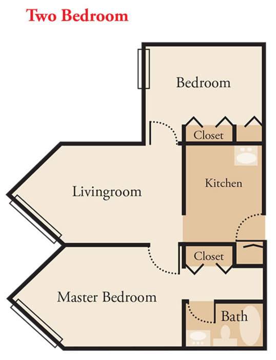 A floor plan of a two-bedroom apartment, featuring a living room, kitchen, and closets.