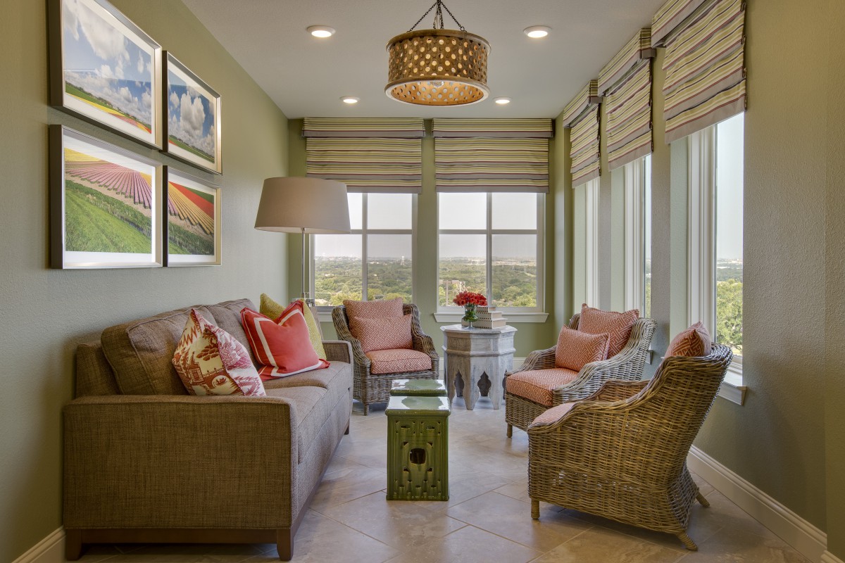 A cozy living room with elegant decor and abundant natural light.