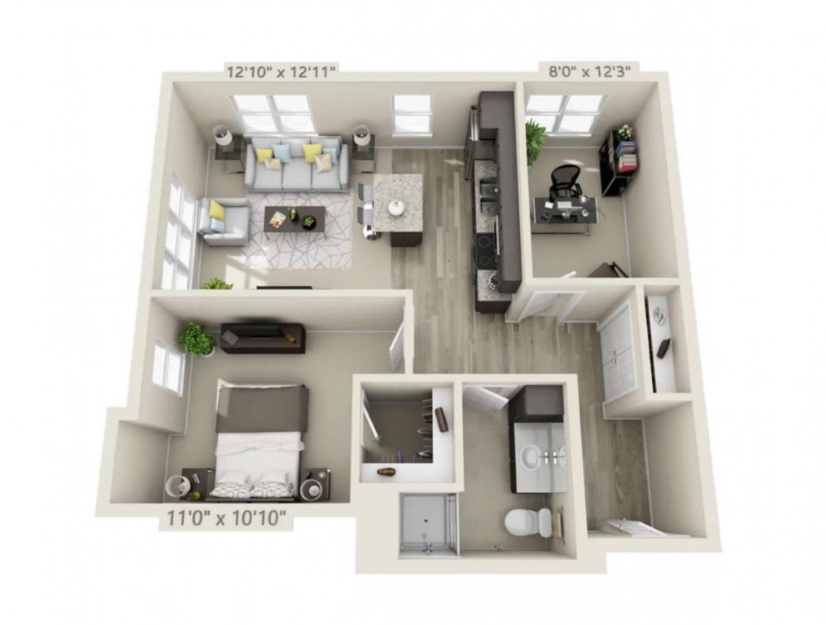A 3D floor plan of a one-bedroom apartment featuring a living room, kitchen, bathroom, and office space.