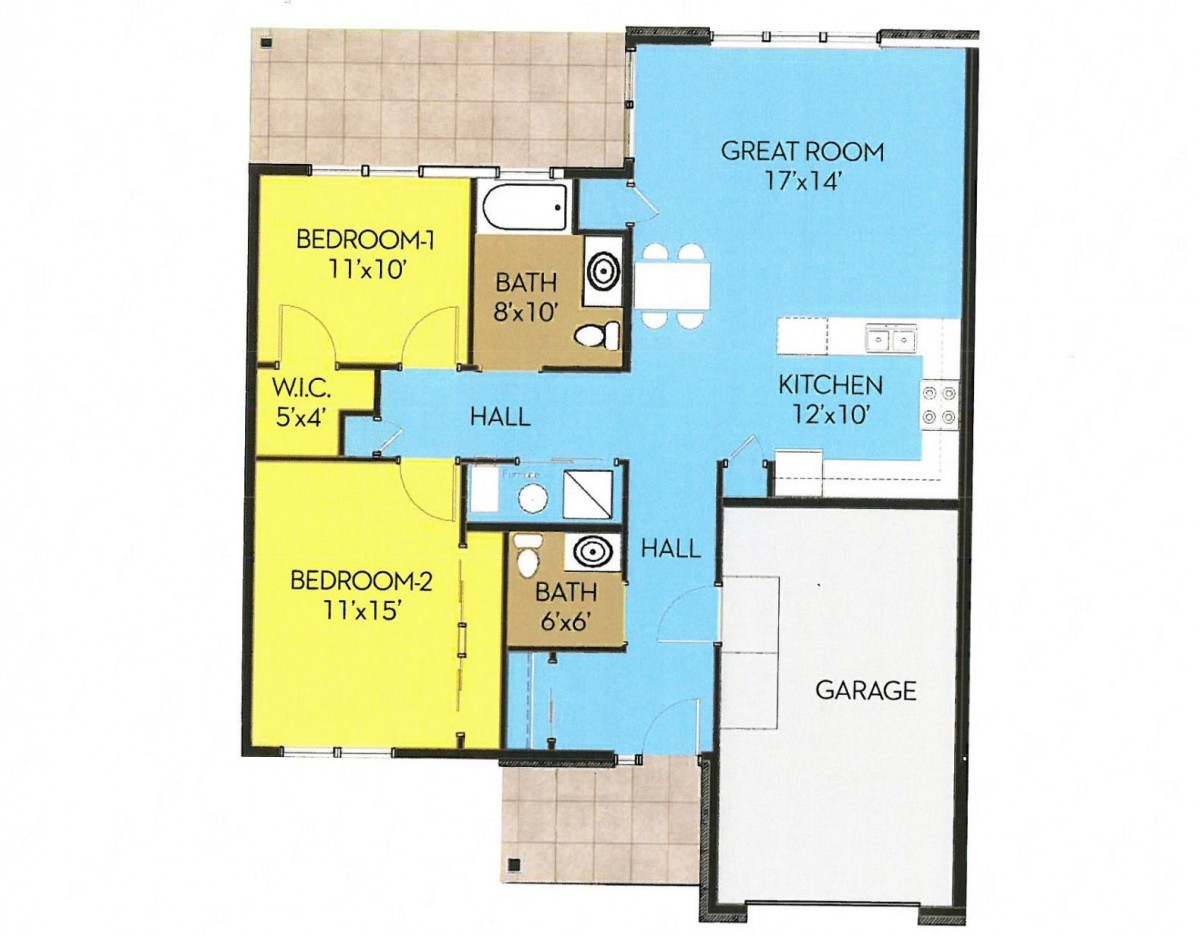A detailed floor plan showing the layout of an apartment, including bedrooms, bathrooms, kitchen, great room, and garage.