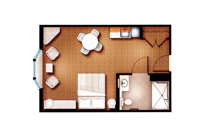 A detailed floor plan of a small apartment featuring a living room, kitchen, bedroom, and bathroom.