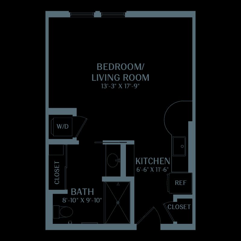 Studio apartment floor plan with designated areas for living, kitchen, and bathroom.