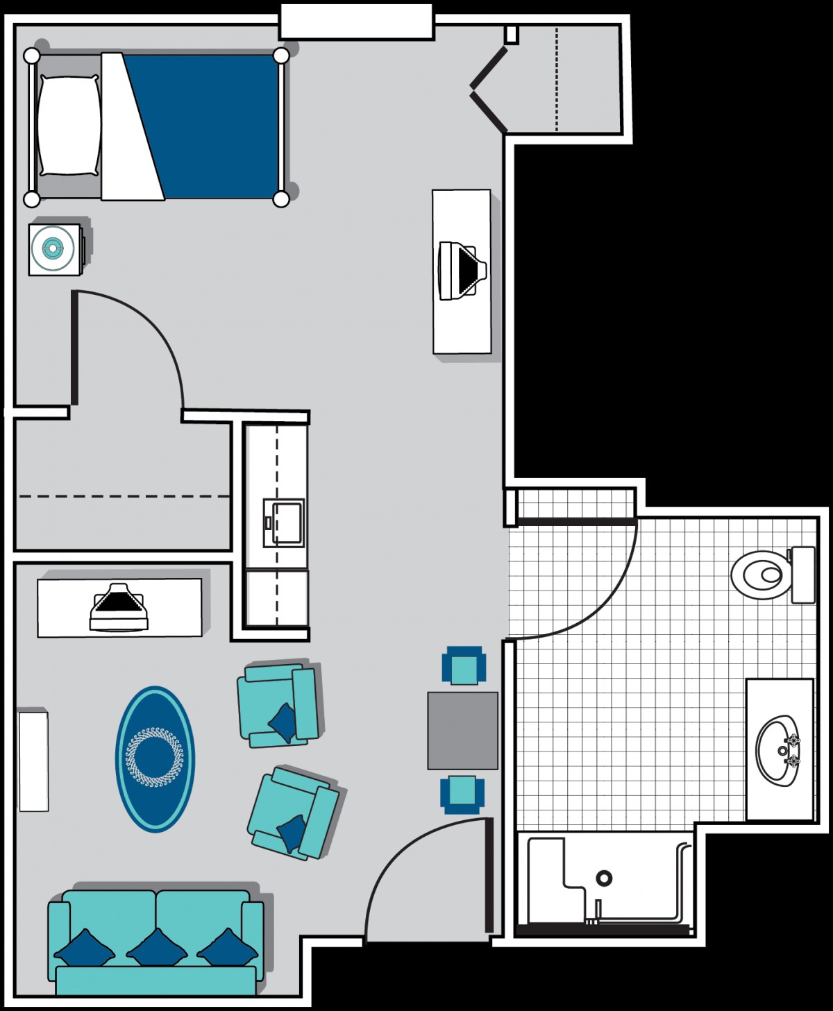 A detailed floor plan of a one-bedroom apartment showing the layout and furniture arrangement.