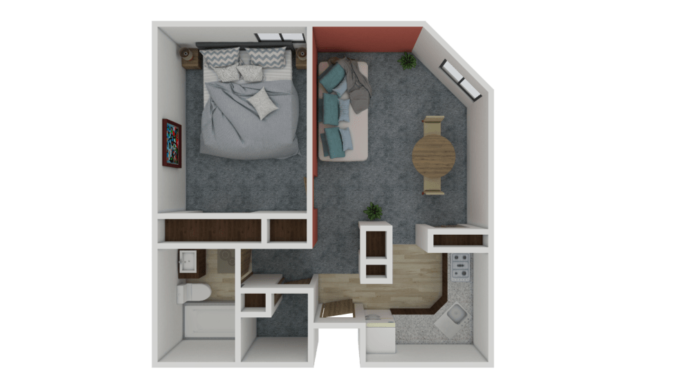3D floor plan of a small apartment featuring a bedroom, living area, kitchen, and bathroom.