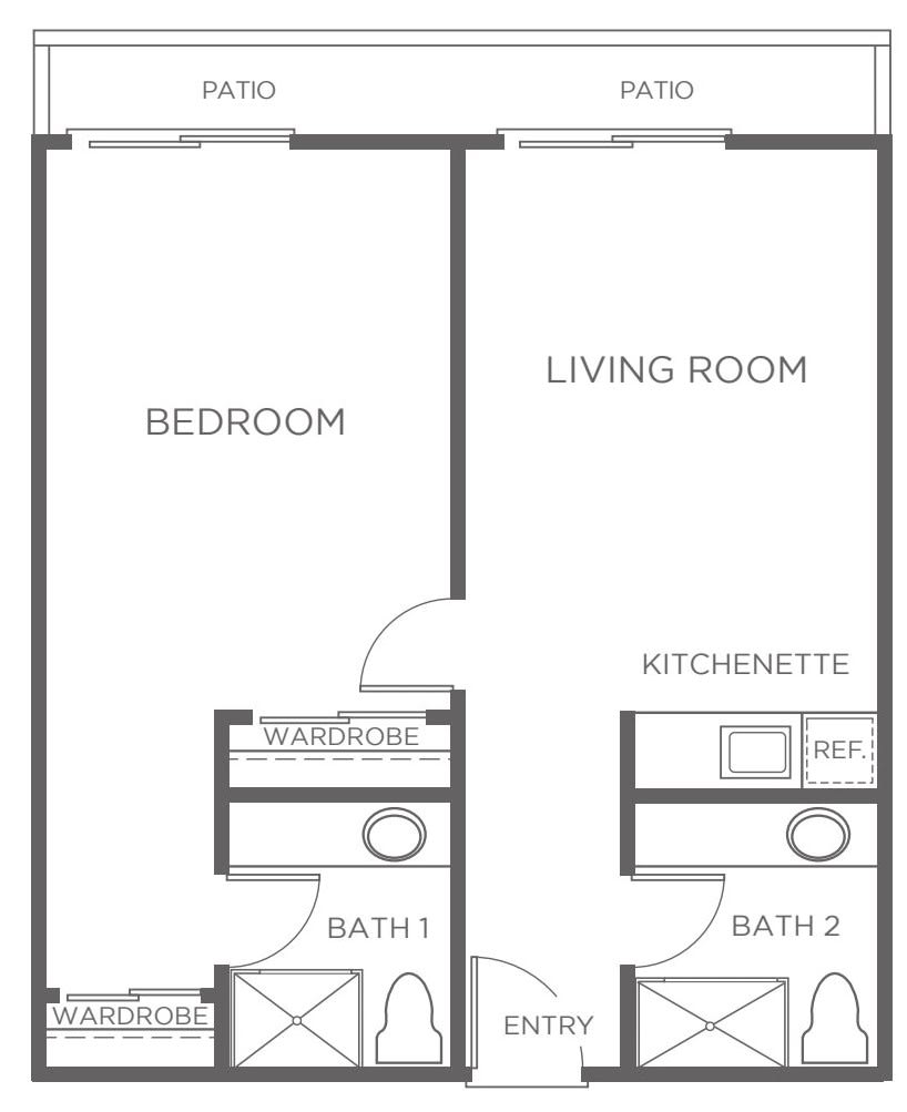 A simple floor plan showing a one-bedroom apartment with a living room, kitchenette, and two bathrooms.