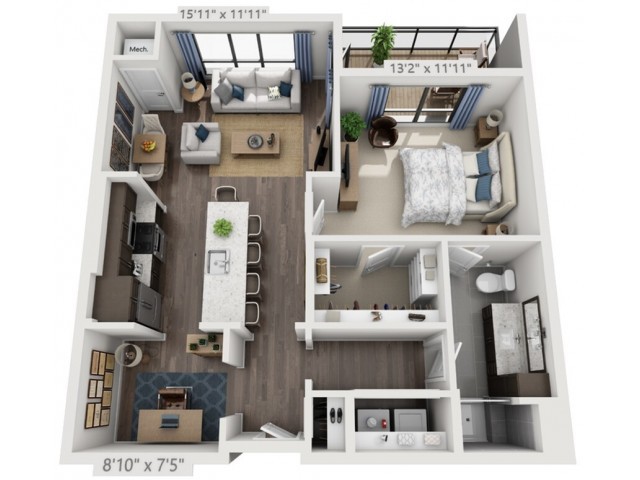 A detailed floor plan of a one-bedroom apartment with a living room, kitchen, and bathroom.
