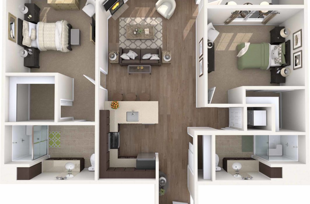 A top-down view of a modern two-bedroom apartment floor plan, featuring a living room, kitchen, and bathroom.