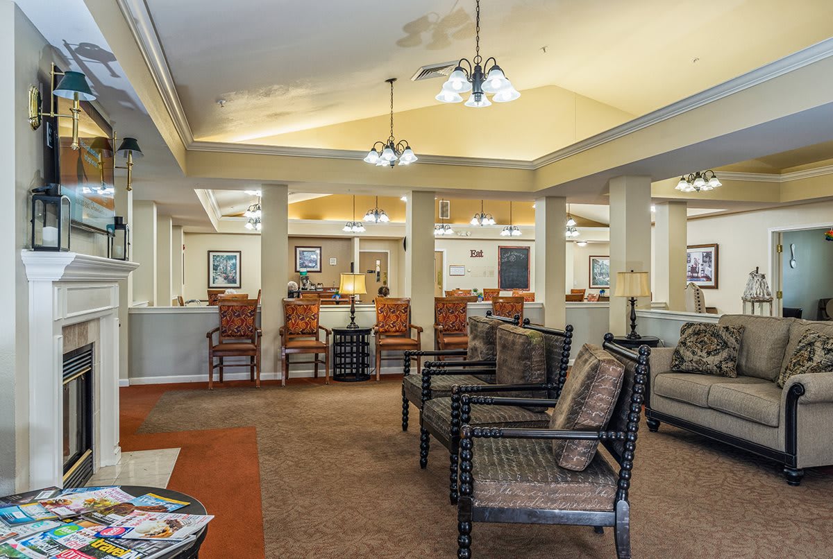 A spacious lobby area with comfortable seating and elegant lighting.
