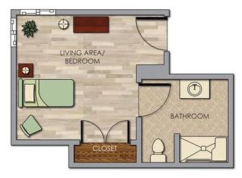 A studio apartment floor plan showing the layout of a living area/bedroom, bathroom, and closet.