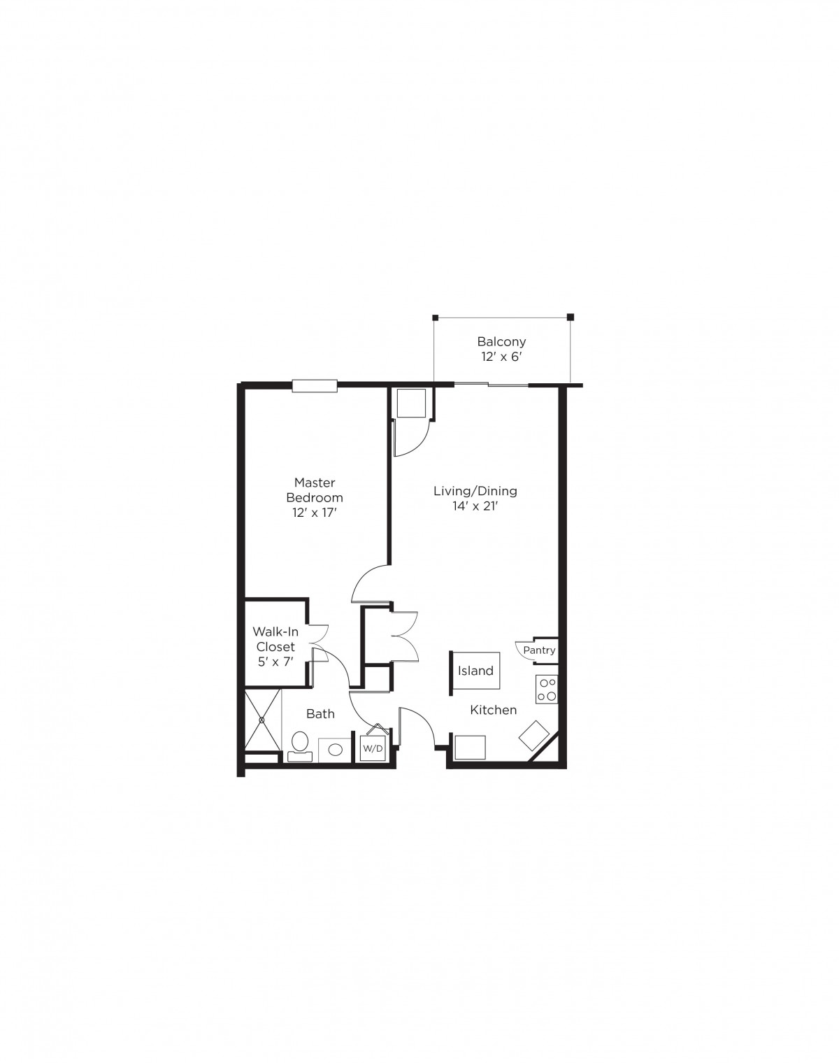 A floor plan of a one-bedroom apartment layout with labeled rooms and dimensions.