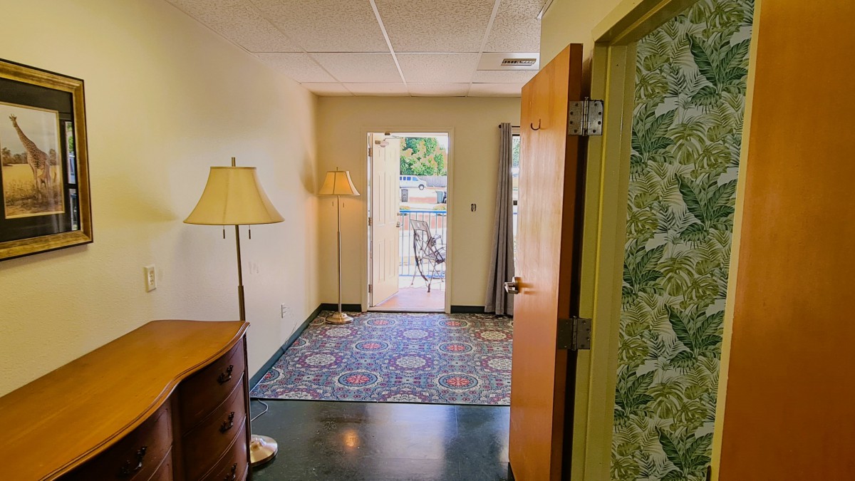 A cozy hallway with a decorative rug, two lamps, and an open door leading outside.