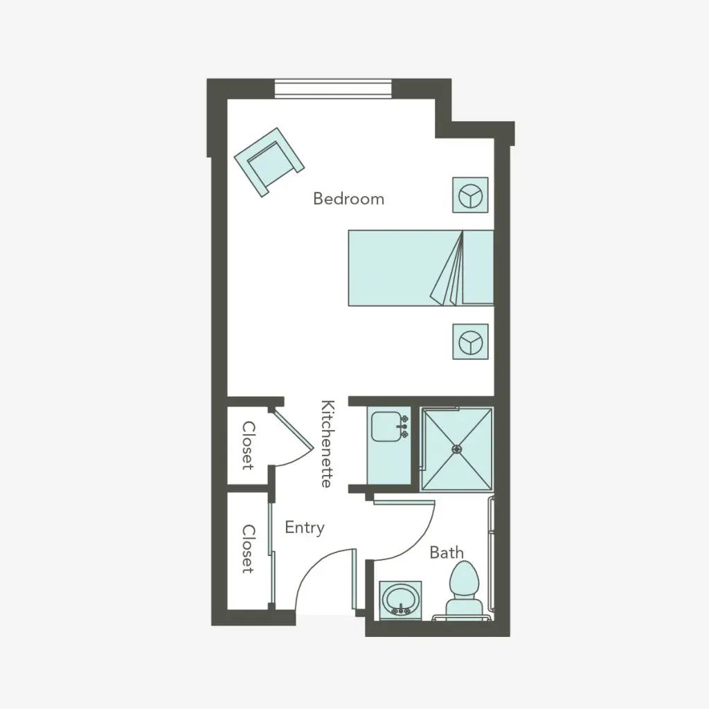 A floor plan of a compact studio apartment with designated areas for sleeping, dining, and a bathroom.