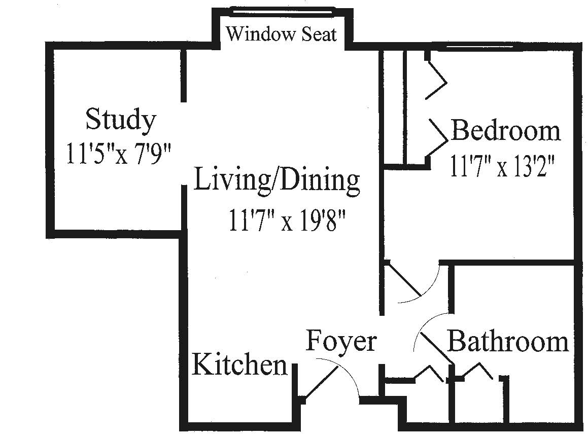 A floor plan showing a one-bedroom apartment layout with a study and kitchen.
