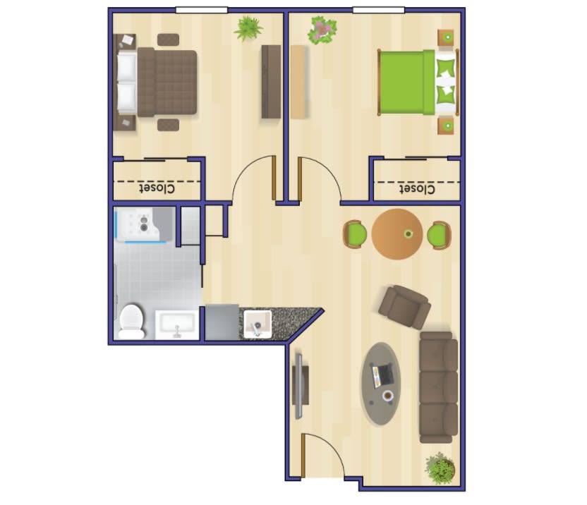 A detailed floor plan of a two-bedroom apartment with living room and kitchen areas.