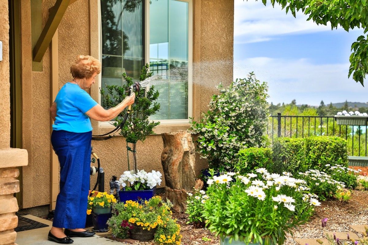 A woman is watering her garden filled with various flowers and plants.