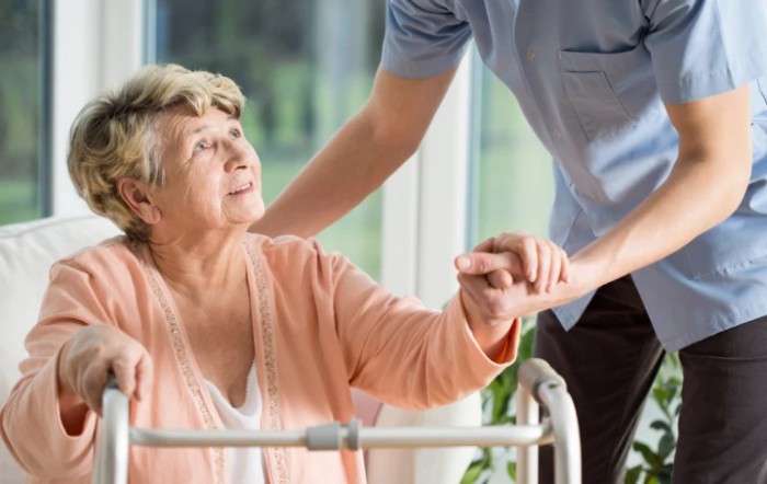 A caregiver assisting an elderly person.