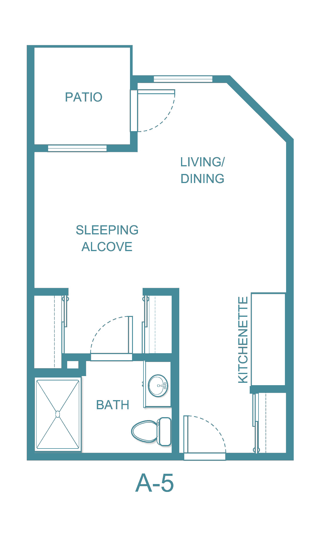 Studio apartment floor plan featuring a living/dining area, sleeping alcove, kitchenette, and bathroom.