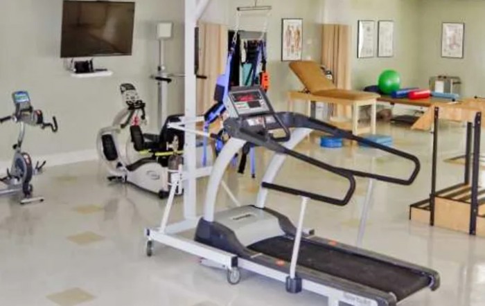 A well-equipped indoor gym with a treadmill and exercise bike.