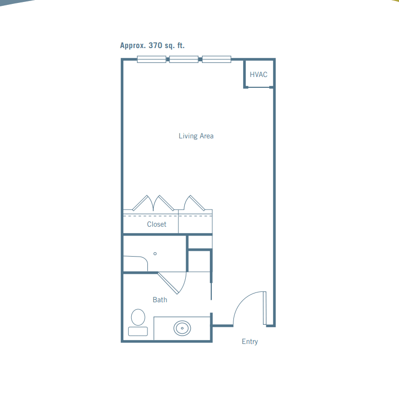 Floor plan of a studio apartment measuring 370 square feet.