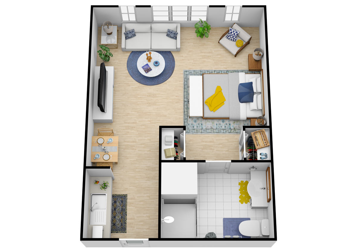 A top view of a one-bedroom apartment floor plan, featuring a living room, kitchen, and bathroom.