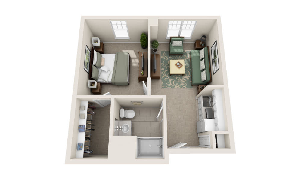A one-bedroom apartment floor plan featuring a living room, kitchen, and bathroom.