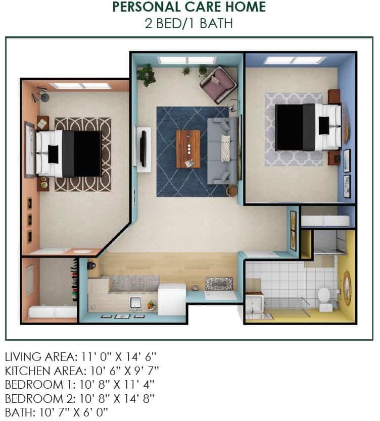 A detailed floor plan of a two-bedroom apartment with labeled areas for the living room, kitchen, and bathroom.