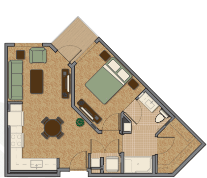A detailed floor plan of an apartment showing the layout of a bedroom, living room, kitchen, and bathroom.