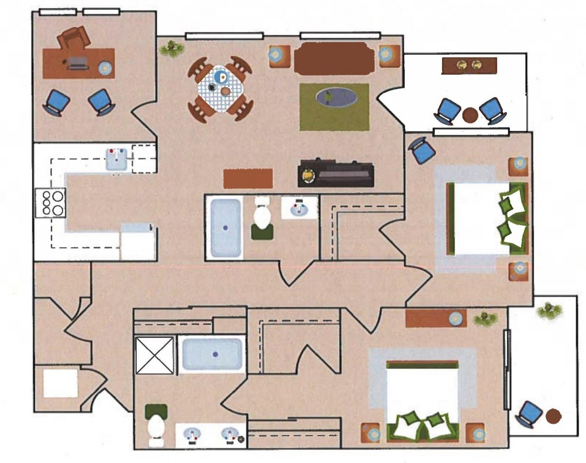 Floor plan of an apartment showing the layout and furniture arrangement.